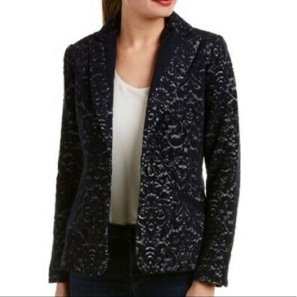 CAbi Jacquard Blazer Navy Blue Wool Blend Flocked Jacket #109 Women’s Size 6 - Picture 1 of 12